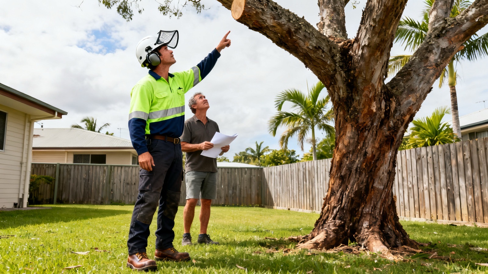 A tree contractor in hi-vis and a helmet pointing up at a heavy limb, beside the home owner holding a folded sheet of paper